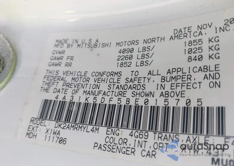 2011 Mitsubishi Eclipse Gs/Gs Sport из США, поврежденный, VIN 4A31K5DF5BE015705